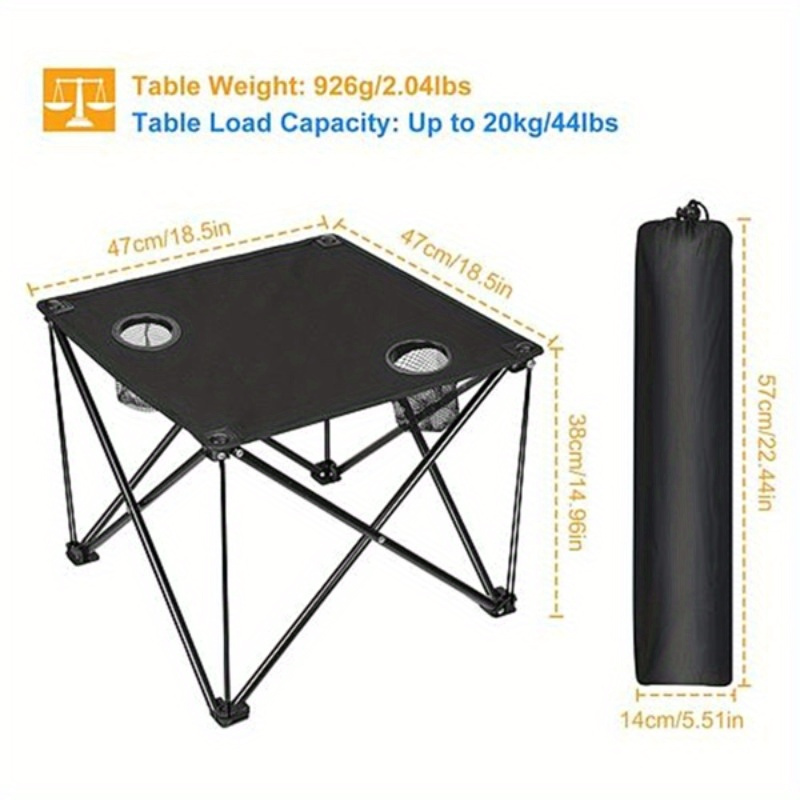 1 portable folding camping table thickened 600d oxford folding table heavy duty steel rust resistant coating process can hold 44 pounds built in 2 mesh cup holders with a tote bag black details 2