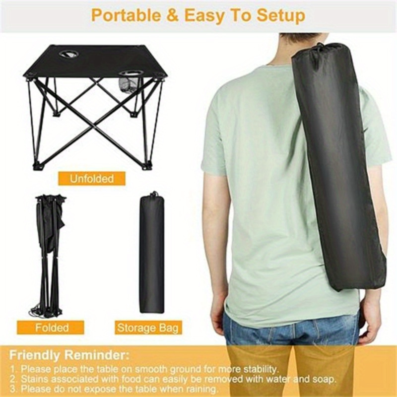 1 portable folding camping table thickened 600d oxford folding table heavy duty steel rust resistant coating process can hold 44 pounds built in 2 mesh cup holders with a tote bag black details 5