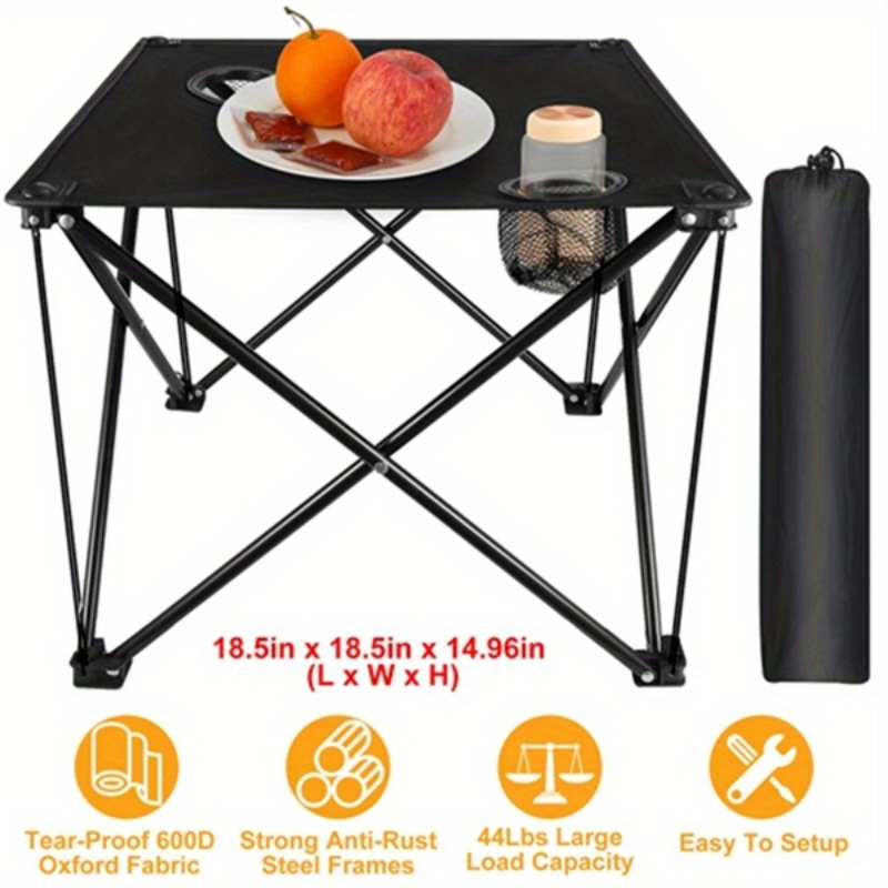 1 portable folding camping table thickened 600d oxford folding table heavy duty steel rust resistant coating process can hold 44 pounds built in 2 mesh cup holders with a tote bag black details 6