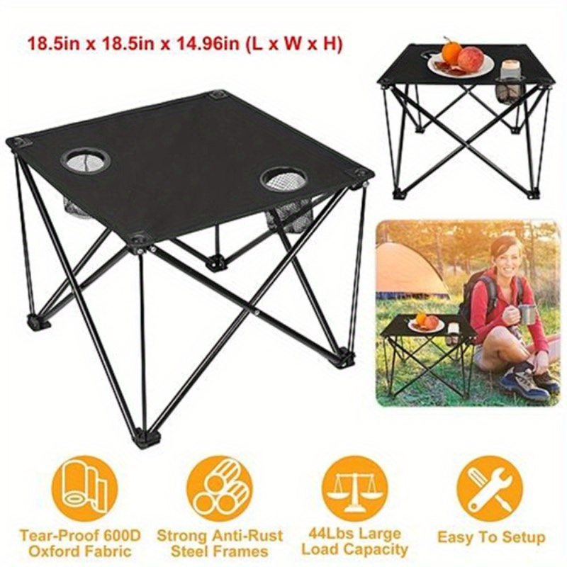 1 portable folding camping table thickened 600d oxford folding table heavy duty steel rust resistant coating process can hold 44 pounds built in 2 mesh cup holders with a tote bag black details 7