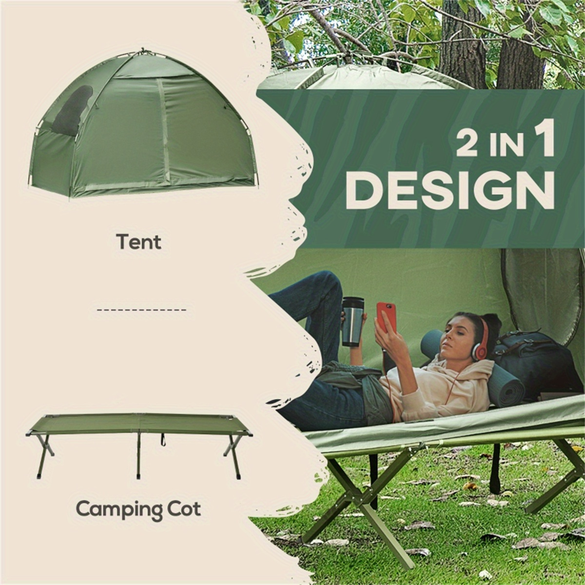 2in 1 foldable camping tent with folding reclining cot for outdoor camping details 0