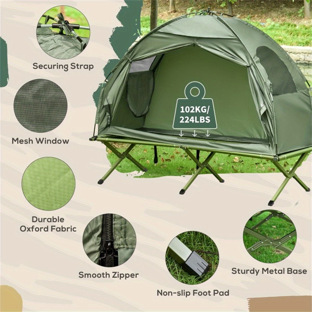 2in 1 foldable camping tent with folding reclining cot for outdoor camping details 1