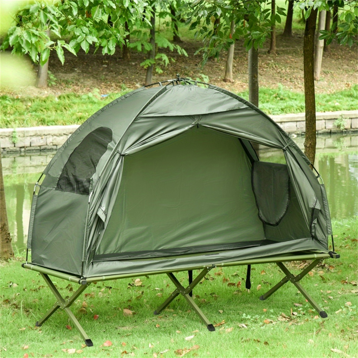 2in 1 foldable camping tent with folding reclining cot for outdoor camping details 4