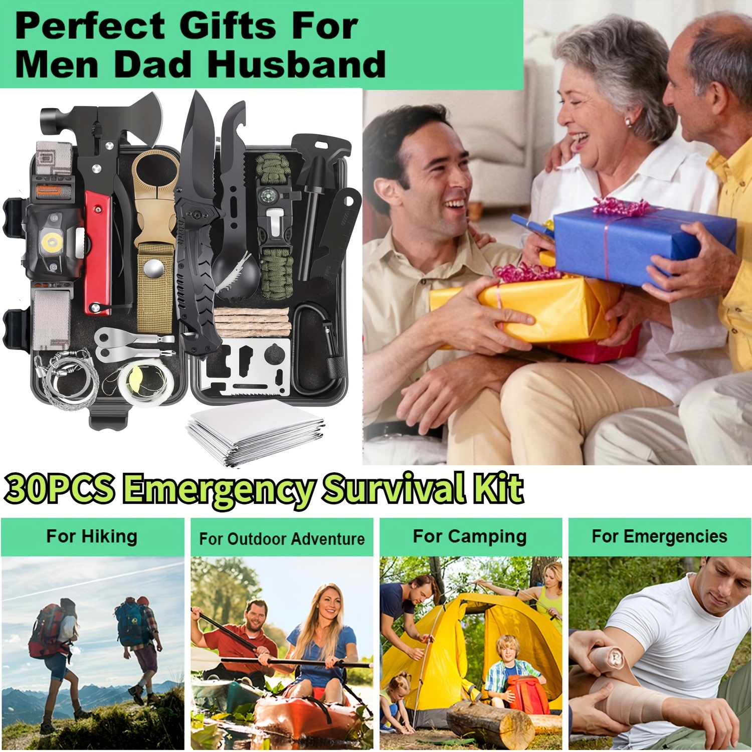 gifts for men dad husband boyfriend 30 in 1 survival gear and equipment emergency survival     aid kit for camping hiking hunting fishing details 5