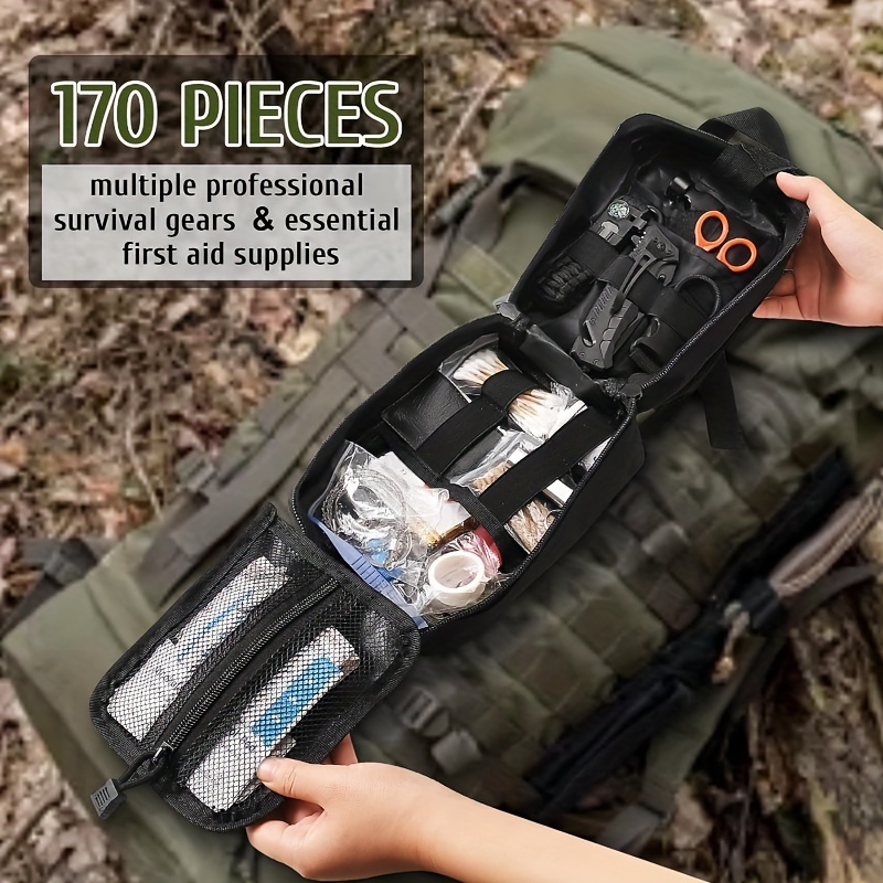 survival first aid kit 170pcs survival kits trauma kit with essential survival gear emergency supplies for hiking camping backpacking outdoor adventure details 0