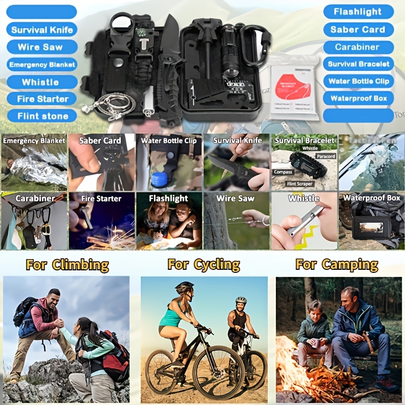 12 pcs emergency survival kit outdoor survival gear tool with survival bracelet fire starter whistle wood cutter water bottle clip pen details 4