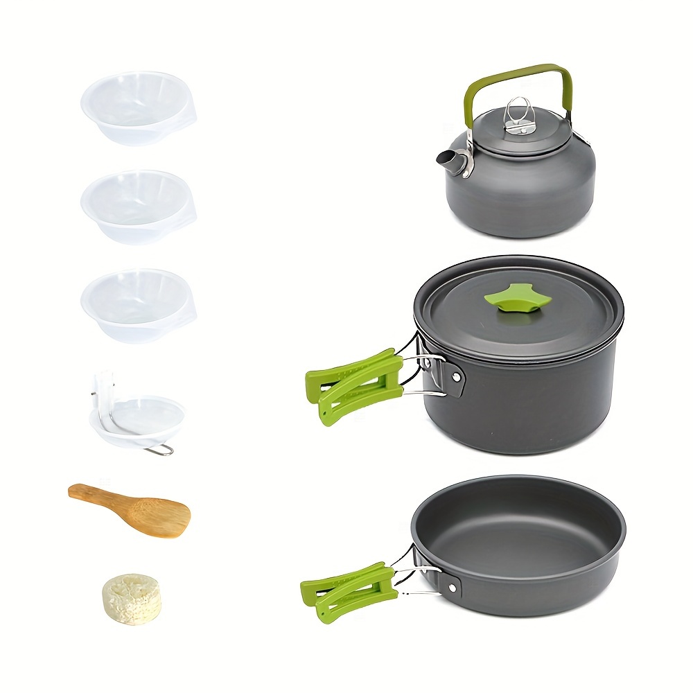 10pcs camping cookware camping pots and pans set with kettle plastic bowls and soup spoon for camping outdoor cooking and picnic backpacking details 1