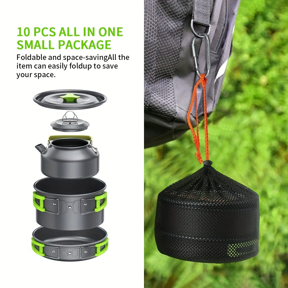 10pcs camping cookware camping pots and pans set with kettle plastic bowls and soup spoon for camping outdoor cooking and picnic backpacking details 5