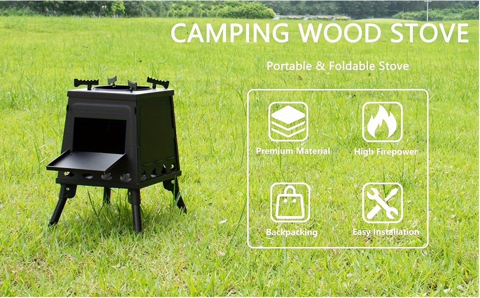   wood burning camp stove portable cast iron camping wood stove black woodstove with carrying case for backpacking outdoor cooking small details 0