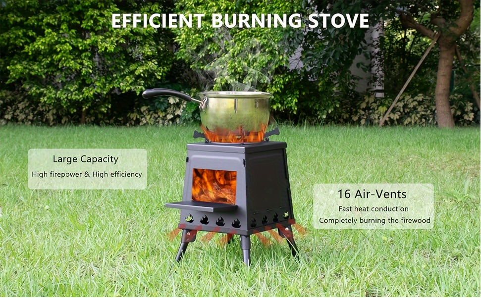   wood burning camp stove portable cast iron camping wood stove black woodstove with carrying case for backpacking outdoor cooking small details 2