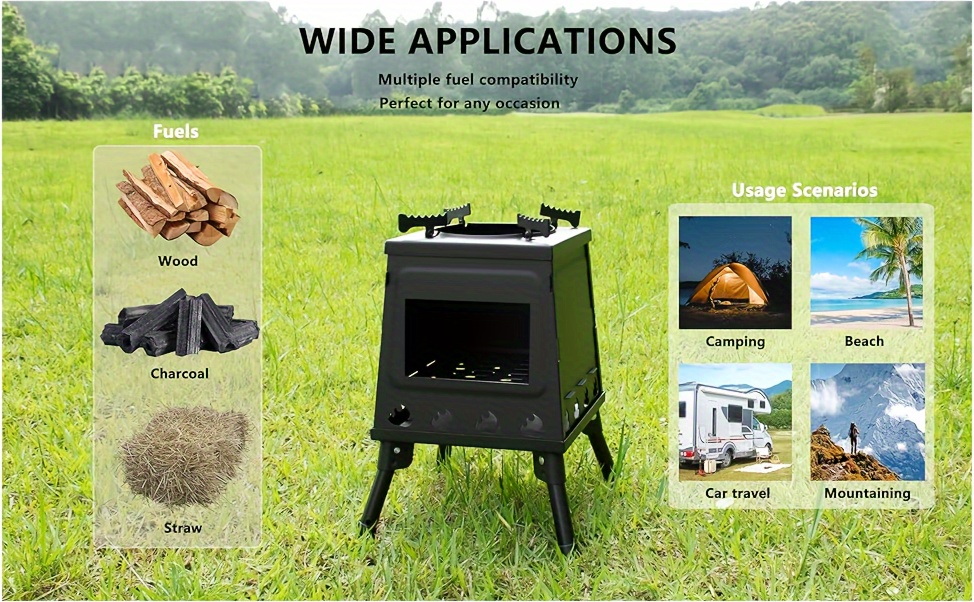   wood burning camp stove portable cast iron camping wood stove black woodstove with carrying case for backpacking outdoor cooking small details 3