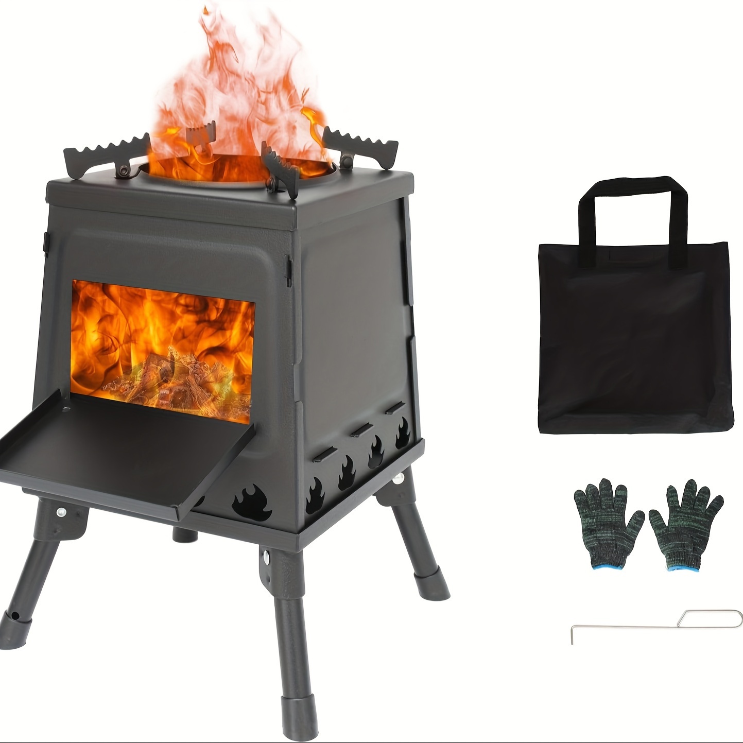   wood burning camp stove portable cast iron camping wood stove black woodstove with carrying case for backpacking outdoor cooking small details 4