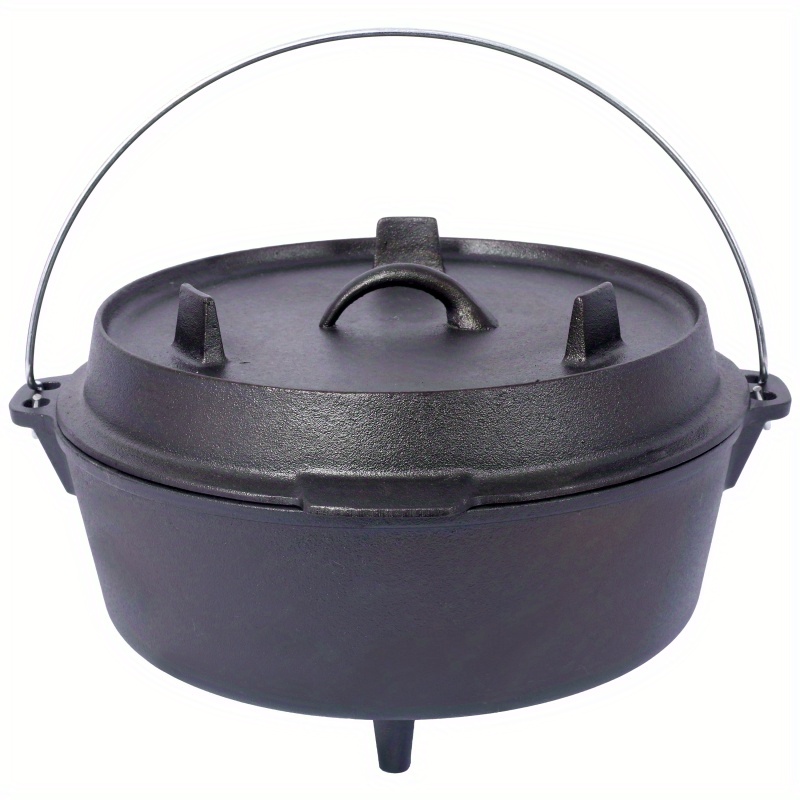 pre seasoned cast iron dutch oven with skillet lid outdoor camping deep pot for camping fireplace cooking bbq baking campfire leg base 4 5 quart details 3