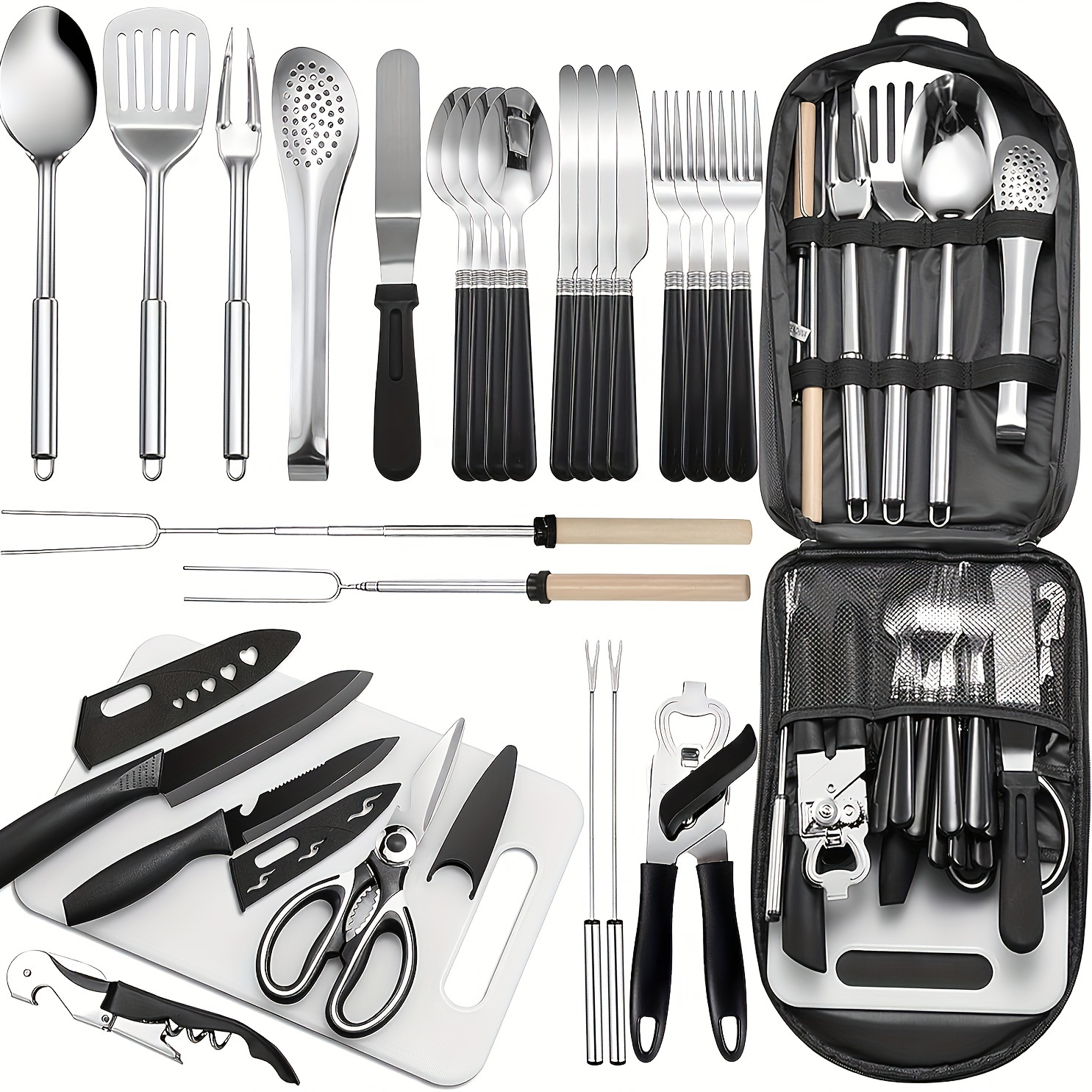 portable 27 piece camping kitchen utensil set stainless steel cookware kit for outdoor cooking grilling travel picnics rvs camping bbqs parties and more details 0