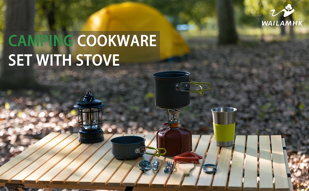 camping cookware mess   pot and pan set with mini backpacking stove stainless steel cup spork and tank bracket cooking gear for outdoor hiking picnic campfire details 4