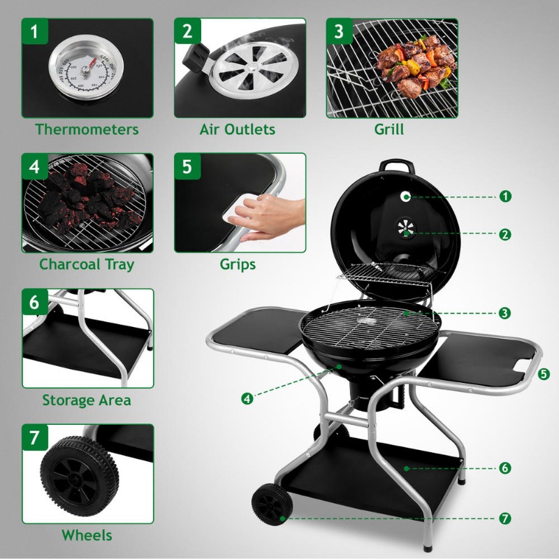 12864100cm black with frame and wheels model iron charcoal grill details 10