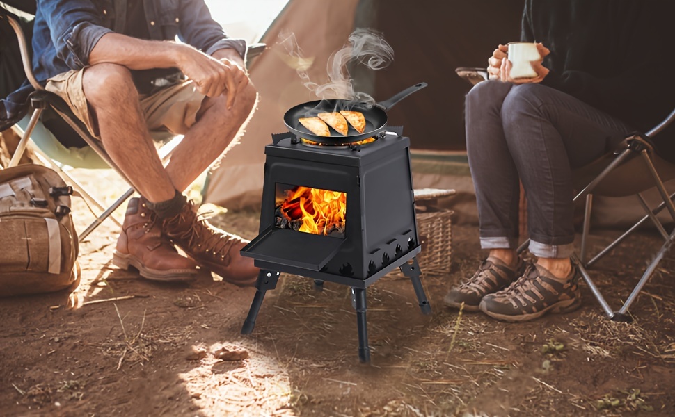 wood burning camp stove portable cast iron wood stove for outdoor hiking picnic bbq travel black details 1