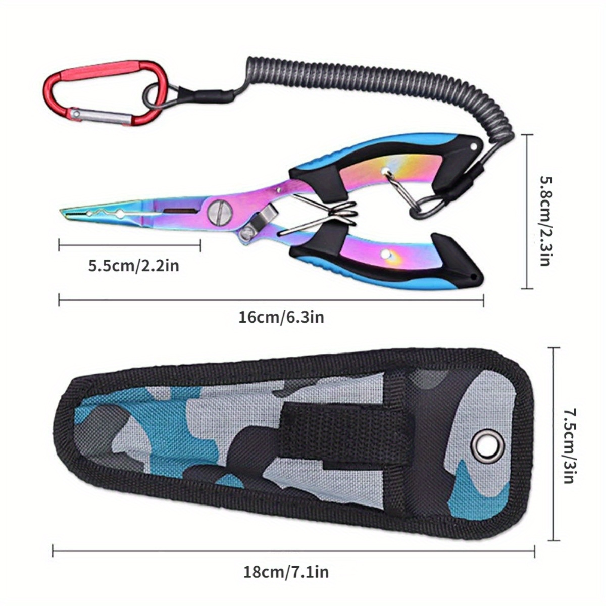 1pc stainless fishing needle nose pliers hook remover braid line cutting and split ring opener weights crimper bait weight   gripper with coiled lanyard and sheath details 2