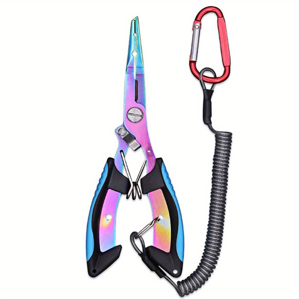 1pc stainless fishing needle nose pliers hook remover braid line cutting and split ring opener weights crimper bait weight   gripper with coiled lanyard and sheath details 3