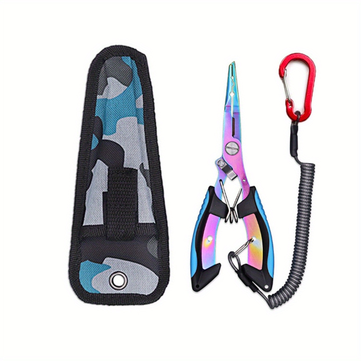 1pc stainless fishing needle nose pliers hook remover braid line cutting and split ring opener weights crimper bait weight   gripper with coiled lanyard and sheath details 5